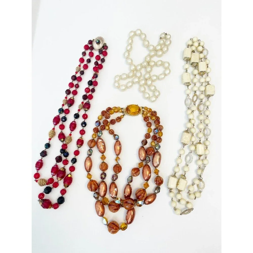 Vintage Necklace Lot Beaded Faux Pearl Amber Red Statement Retro Jewelry 4